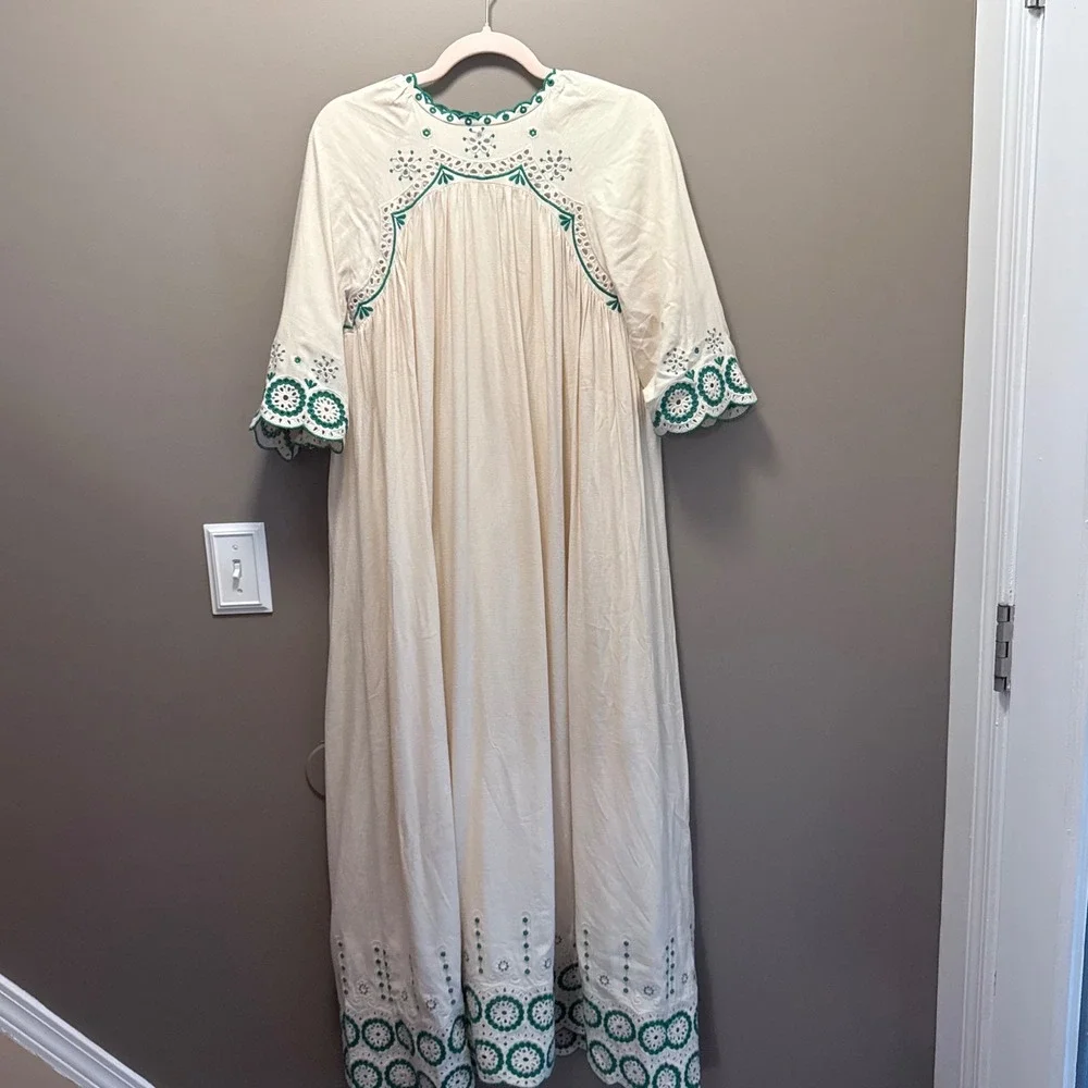 Fall Floral Boho Girls 16 Linen Embroidered Maxi Dress Green Floral Boho